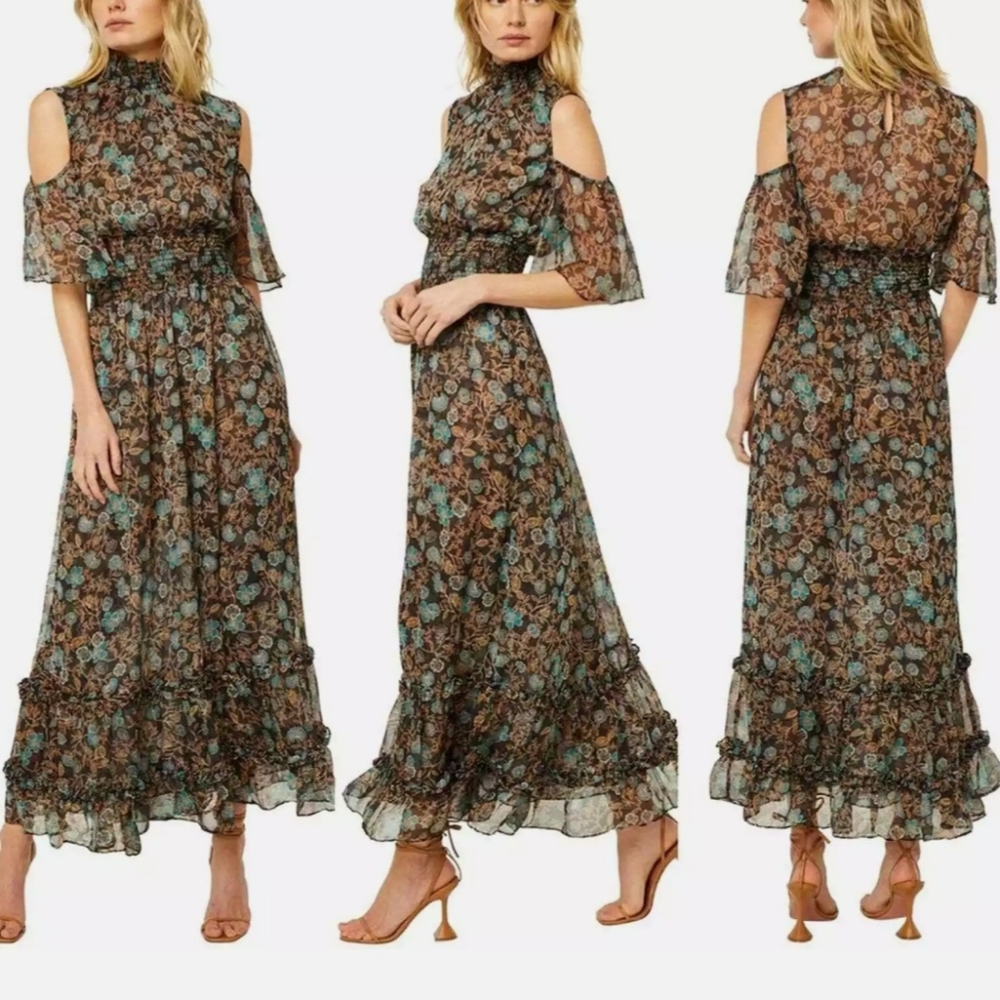 MISA Los Angeles Plum dress cold shoulder chiffon maxi goldleaf floral small